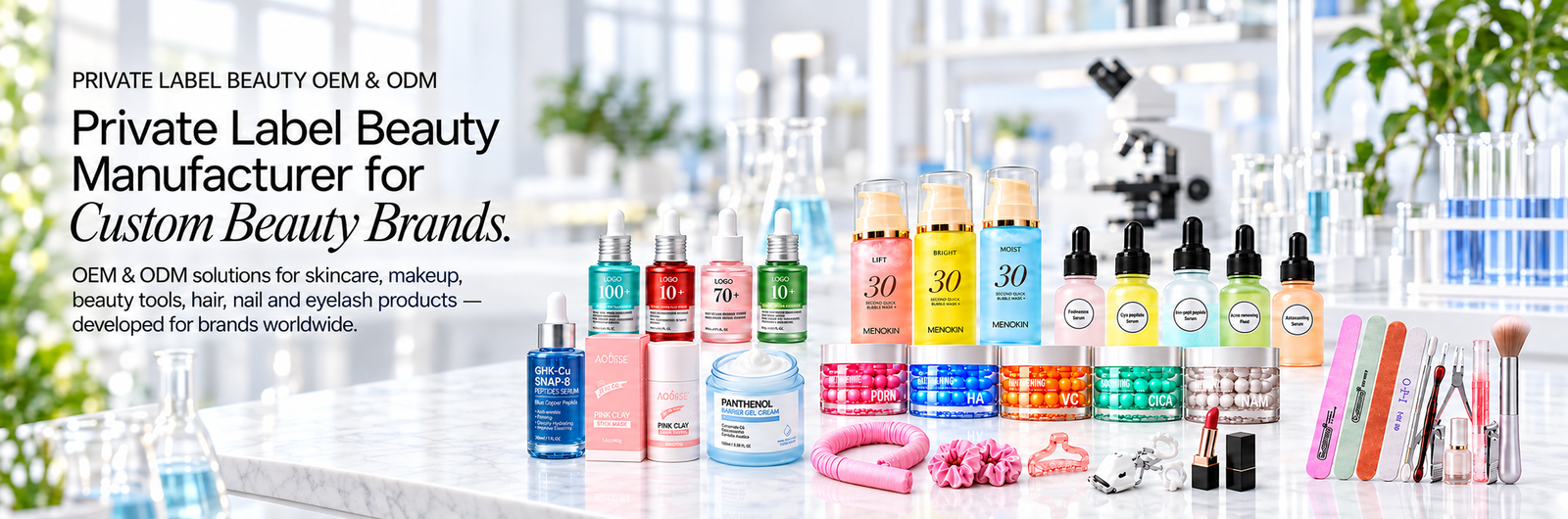 Private label beauty products in a cosmetic R&D laboratory